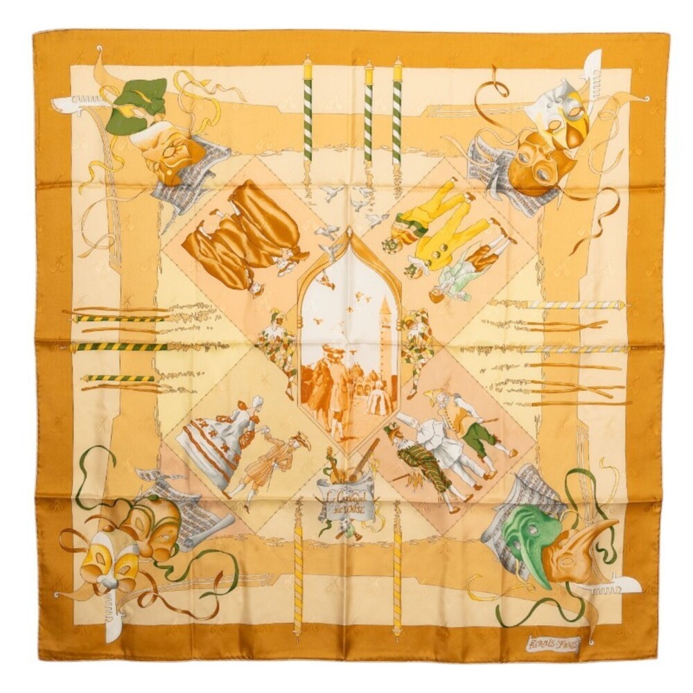 Hermes Carre 90 "Le Carnaval de Venise" scarf/muffler, beige, silk, women's.
